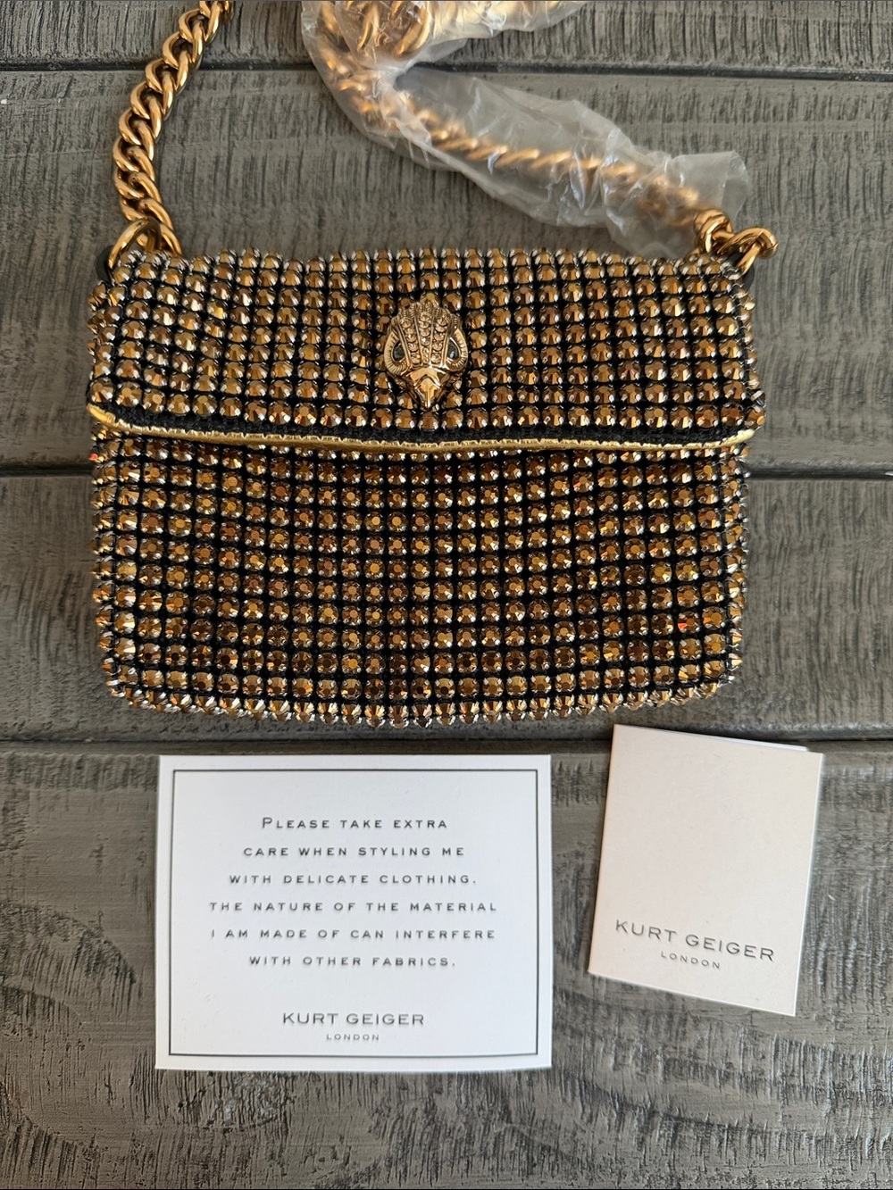 Kurt Geiger Gold Crystal-Studded Chain Crossbody Bag
